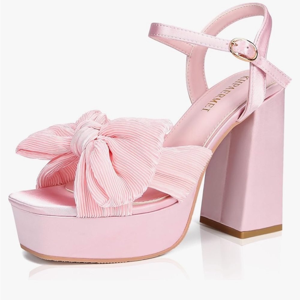 Pink Bow Knot Platform Heels Open Toe Size 8